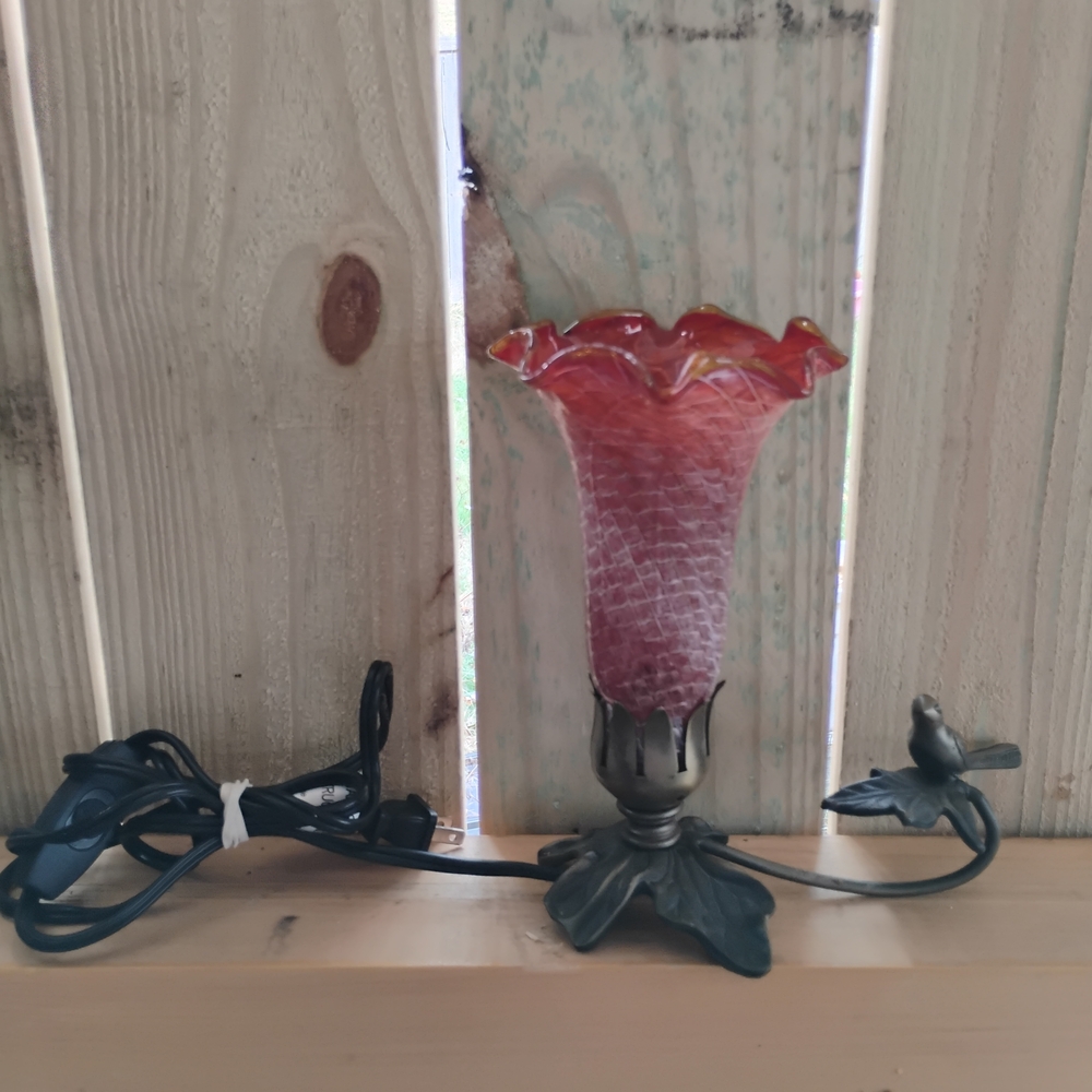 Red Glass Flower Lamp with Hummingbird